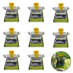 Enposmre 8-pack fly trap hanging outdoors to deter flies around decks and patios.