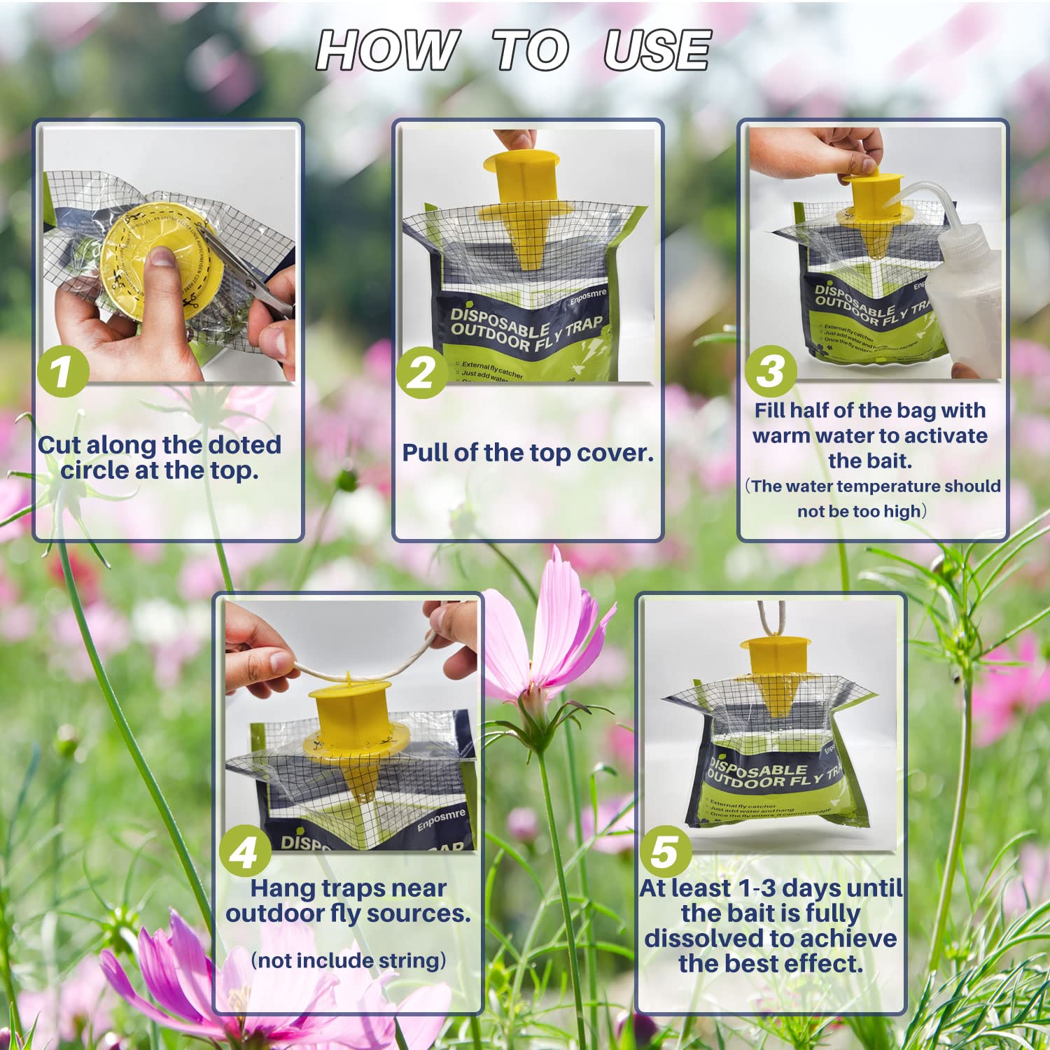Enposmre fly trap with water activation releases scent to attract common yard flies.