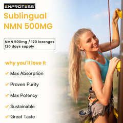 Enprotess Sublingual NMN 500mg box packaging showing purity and quality labels.