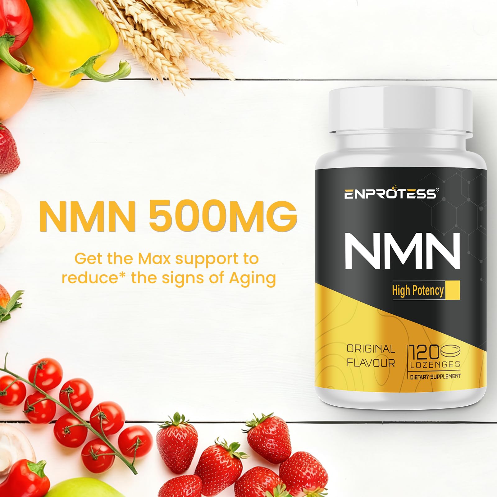 Enprotess Sublingual NMN 500mg lozenges on a retail shelf for quick purchase decisions.