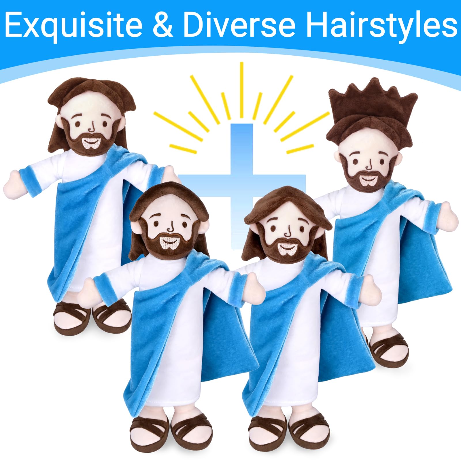 Enryounr Jesus Plush blue robe face detail, soft and comforting for playtime.