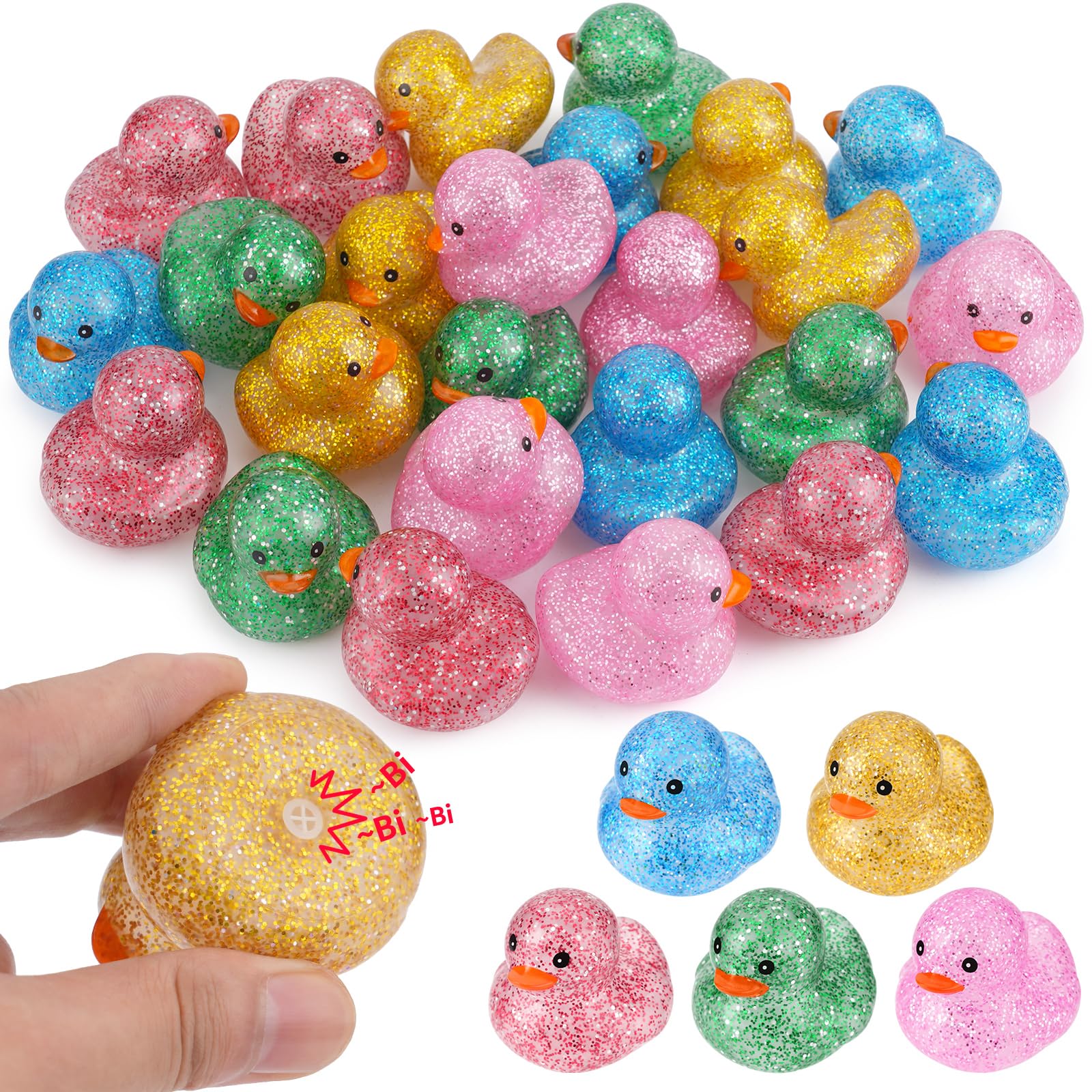 Ensbelei 25Pcs glitter rubber ducks float upright in tub for easy bath time play.