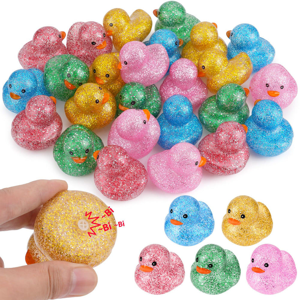 Ensbelei 25Pcs glitter rubber ducks float upright in tub for easy bath time play.