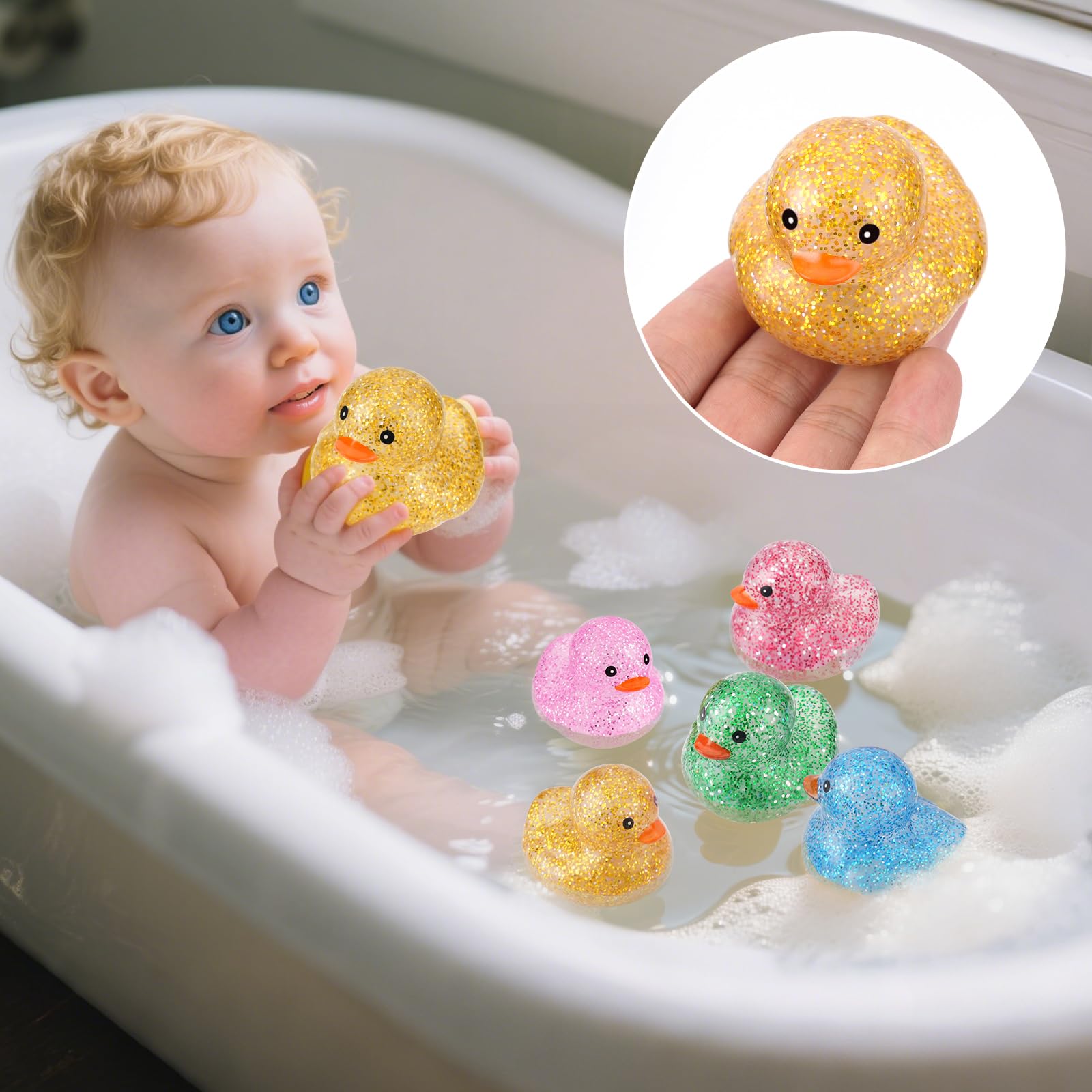 Ensbelei ducks fit on tub ledges or corners for compact storage.