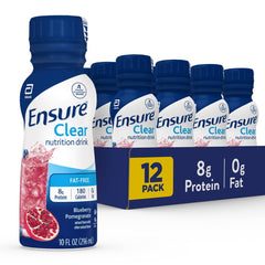Ensure Clear Blueberry Pomegranate bottle front showing 0g fat and 8g protein per serving