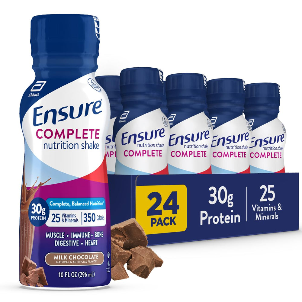 Ensure Complete Milk Chocolate bottle highlights 30g protein per serving.