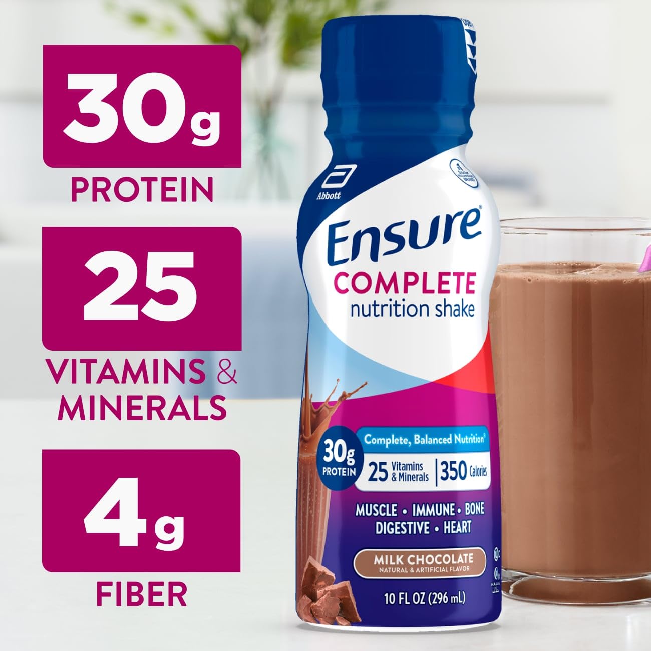 Ensure Complete Milk Chocolate glass shows a balanced post-workout nutrition option.