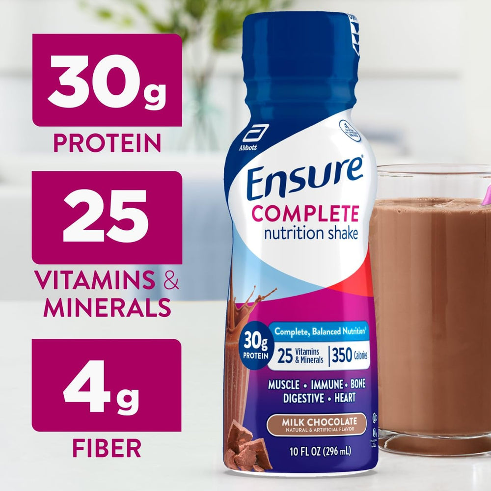 Ensure Complete Milk Chocolate glass shows a balanced post-workout nutrition option.