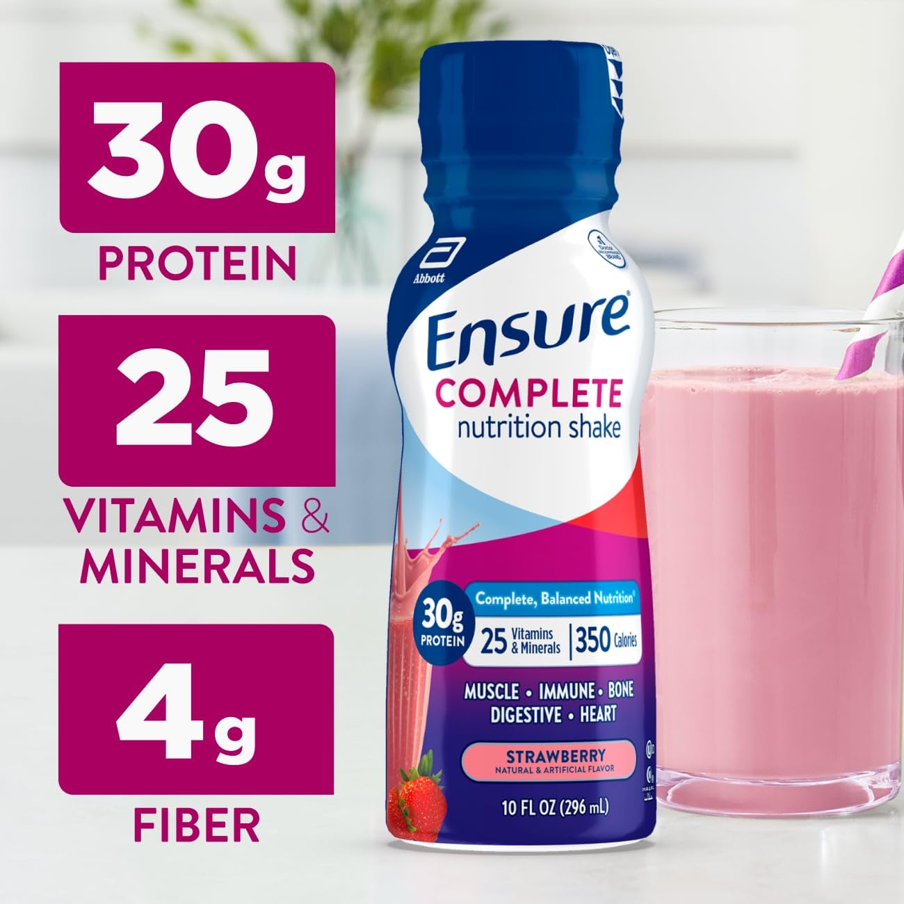 Close-up of Ensure Complete Strawberry nutrition label highlighting 25 vitamins and minerals