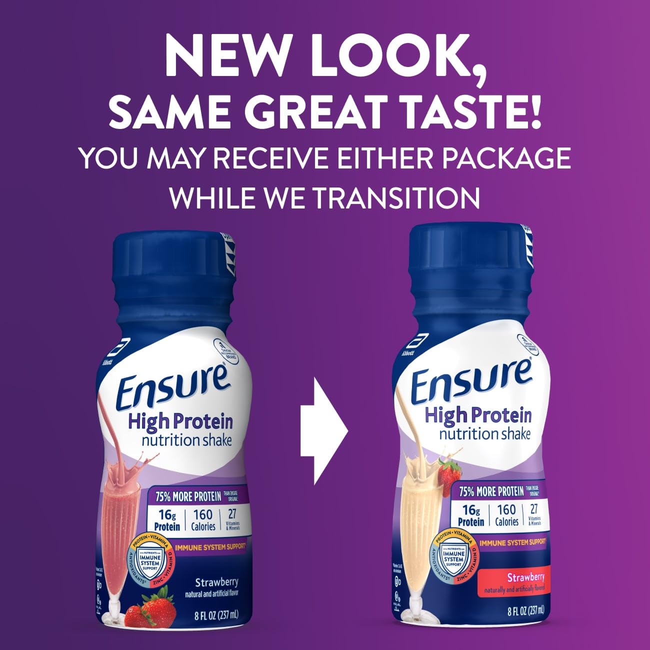 Ensure High Protein Strawberry bottle nutrition facts emphasizes 27 vitamins and minerals.