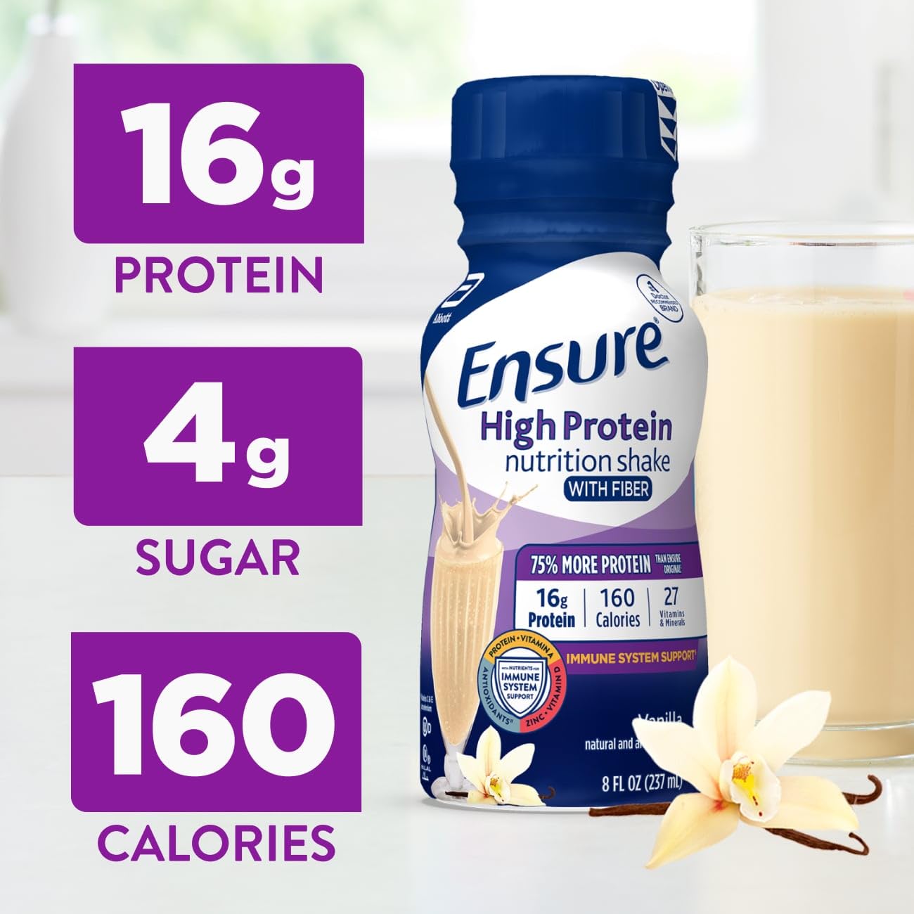 Ensure High Protein Vanilla label highlights 27 vitamins and minerals for daily nutrition