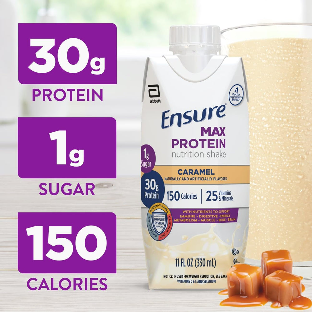 Ensure Max Protein caramel nutrition facts panel with 30g protein and 1g sugar.