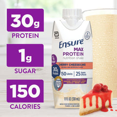 Nutrition panel on Ensure Max Protein Cherry Cheesecake bottle showing 30g protein