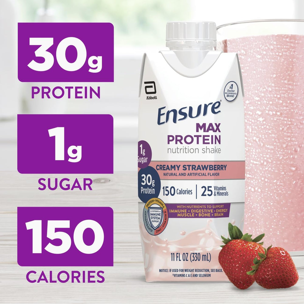 Ensure Max Protein Creamy Strawberry bottle side, showing nutrition details