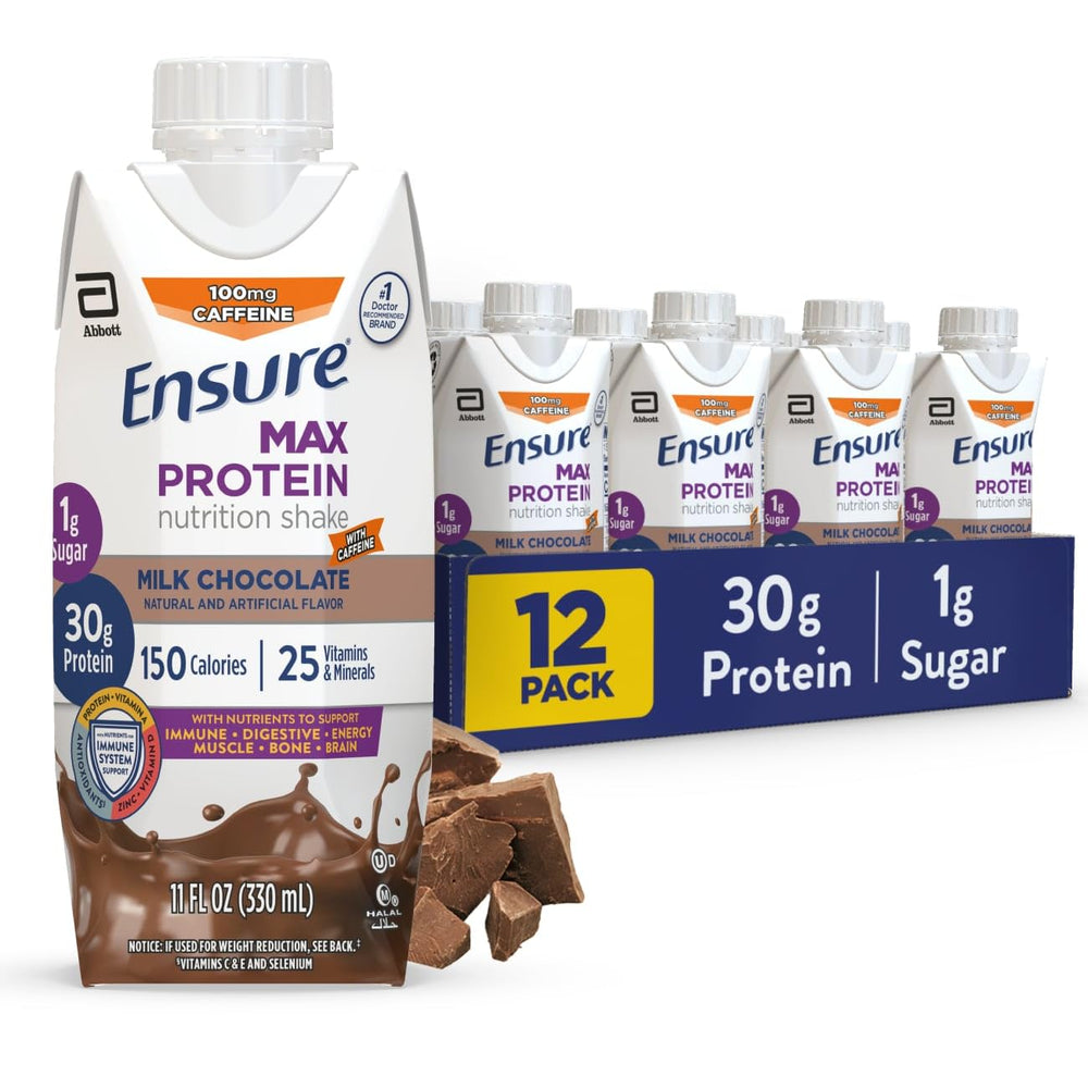 Ensure Max Protein Milk Chocolate bottle showing 30g protein per serving for muscle support.
