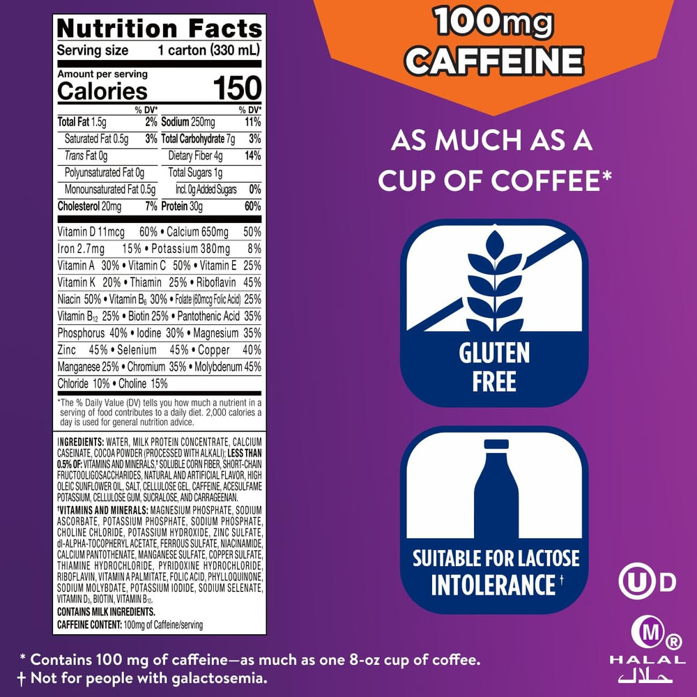Ensure Max Protein Milk Chocolate nutrition panel close-up with 4g fiber and prebiotic.