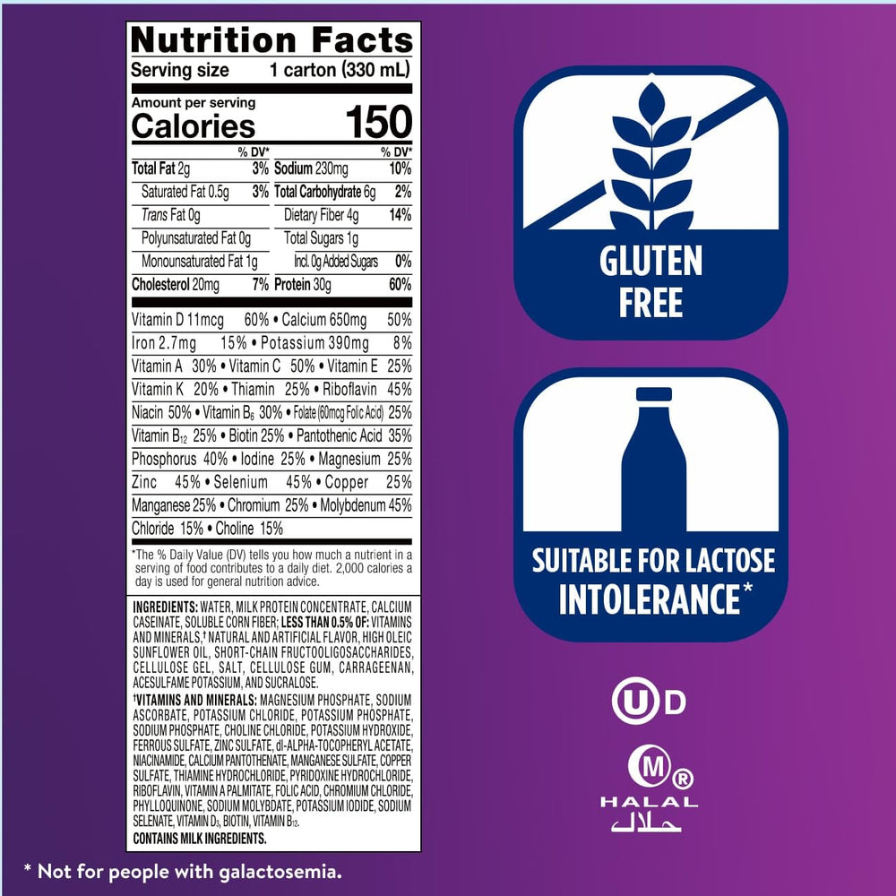Ensure Max Protein Shake back label confirms gluten-free and lactose-friendly attributes