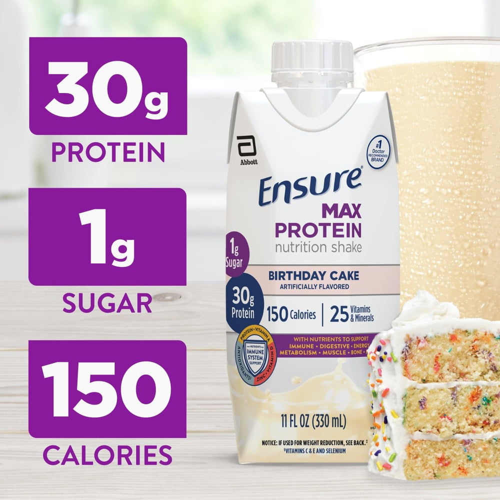 Close-up of Ensure Max Protein Shake Birthday Cake label highlighting 30g protein and 1g sugar.