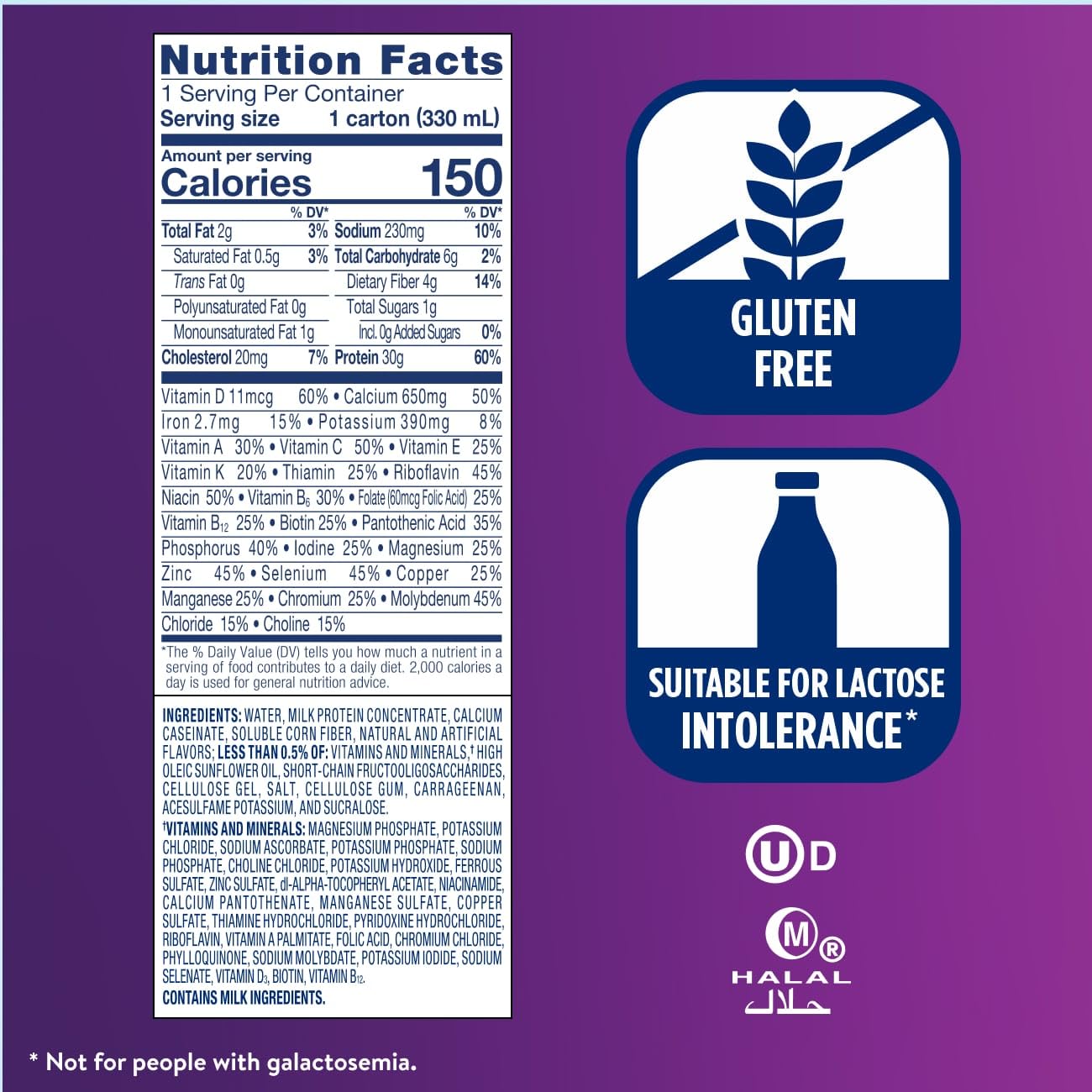 Label view of Ensure Max Protein Shake Birthday Cake emphasizing nutrition.