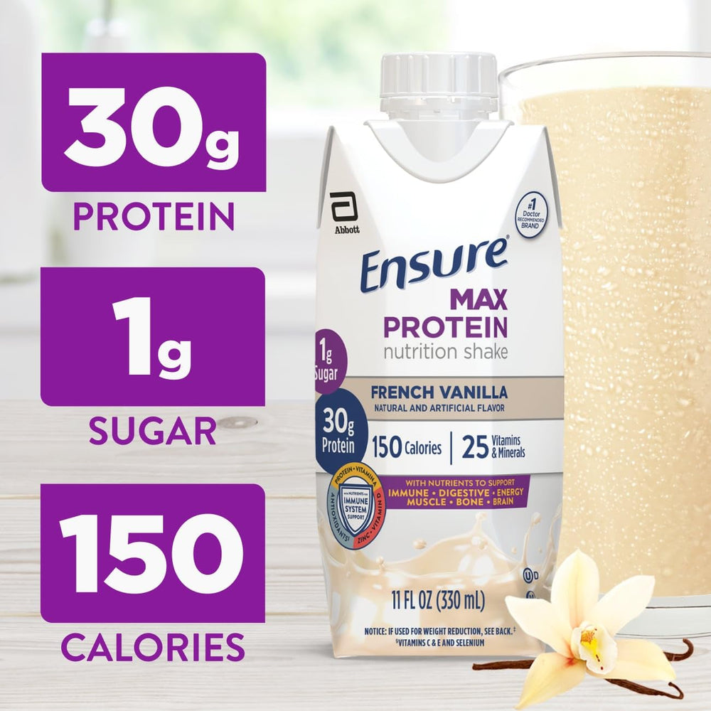 Ensure Max Protein Shake bottle label highlights 30 g protein and vitamins