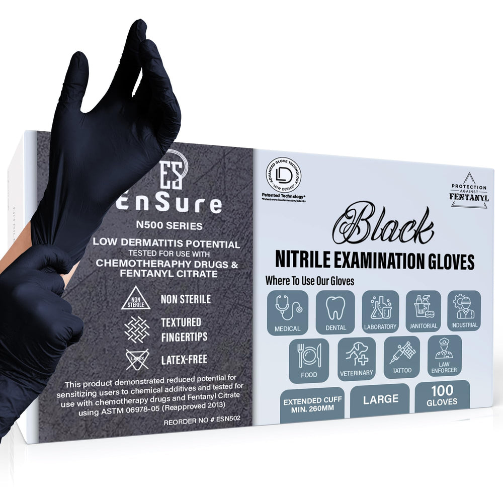 Ensure Nitrile gloves in black with extended cuff protect wrists for medical tasks