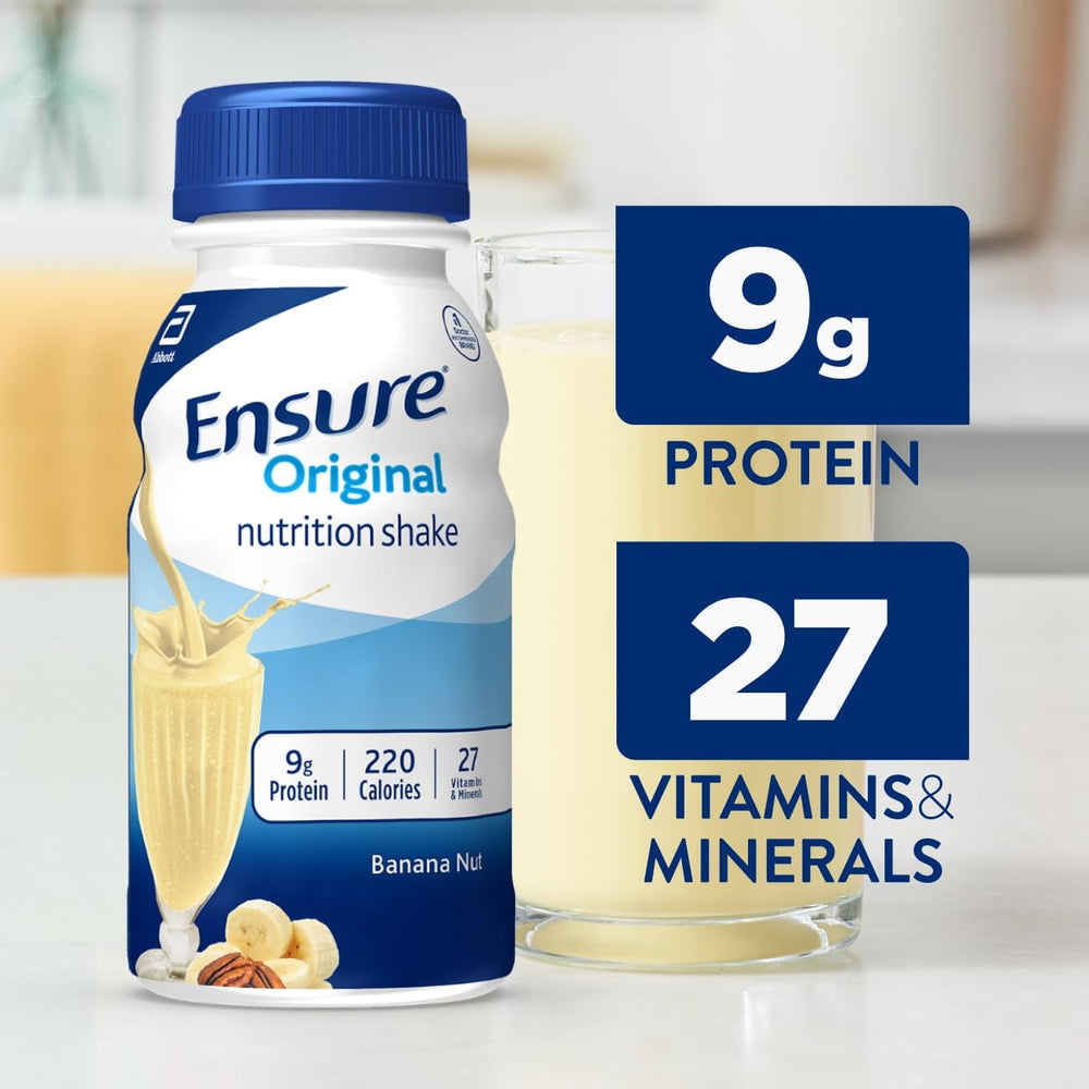 Closeup of Ensure Original Banana Nut label highlighting vitamins and minerals.