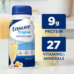 Closeup of Ensure Original Banana Nut label highlighting vitamins and minerals.