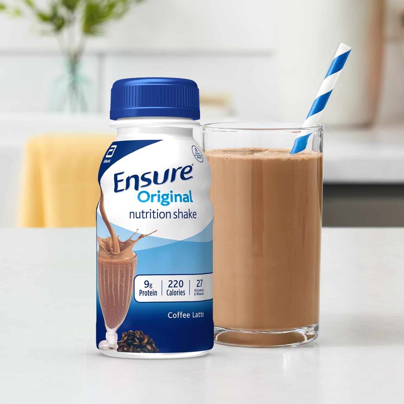 Kitchen setup with Ensure Original Coffee Latte and glass ready to enjoy