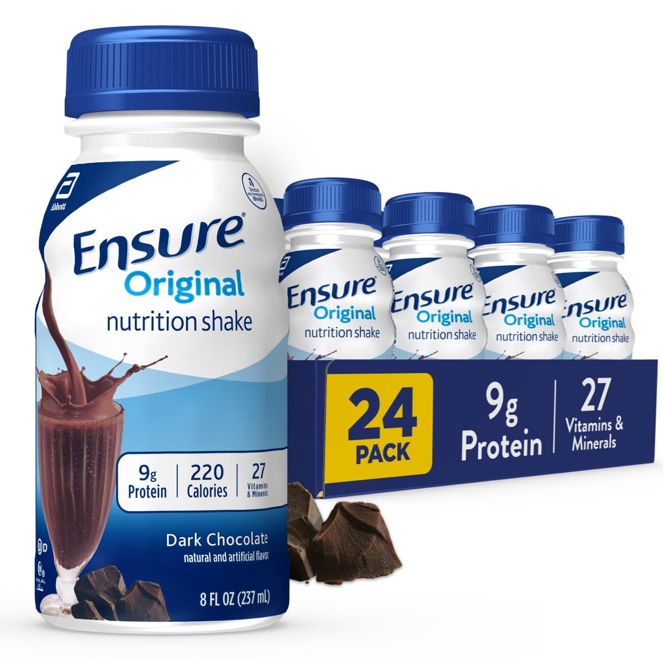 Ensure Original Dark Chocolate shake bottle showing rich nutrition for on-the-go balance