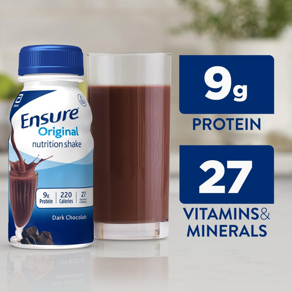 Glass of Ensure Original Dark Chocolate shake with creamy texture and chocolate flavor