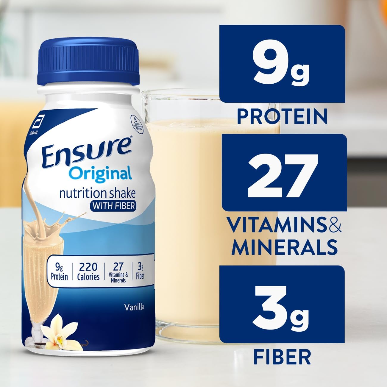 Ensure Original Vanilla Shake glass highlighting smooth texture for a small meal replacement.