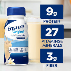 Ensure Original Vanilla Shake glass highlighting smooth texture for a small meal replacement.