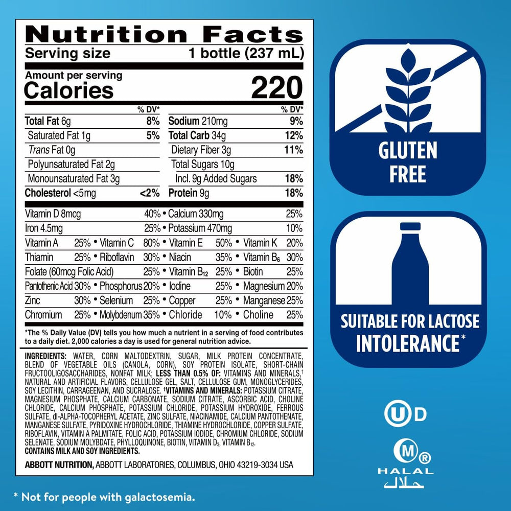 Ensure Original Vanilla Shake packaging highlights kosher, halal, lactose-friendly options.