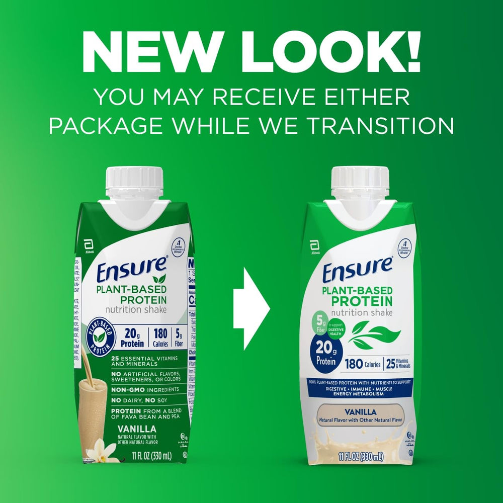 Close-up of Ensure vanilla label emphasizing 20g protein and vitamins.