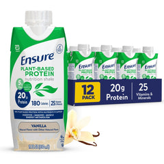 Ensure plant-based vanilla protein bottle shows dairy-free, gluten-free shake option.
