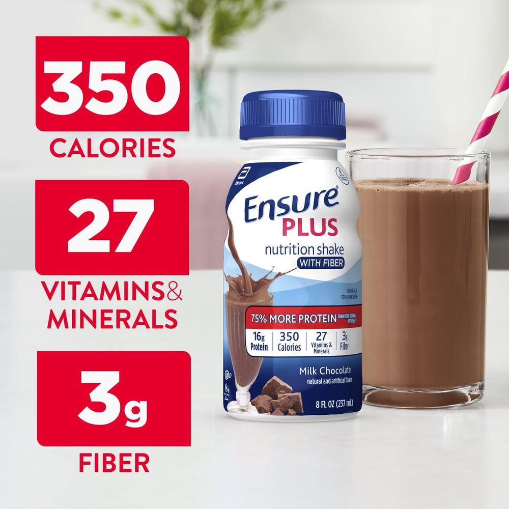 Nutrition panel on Ensure Plus shows 27 vitamins and minerals.