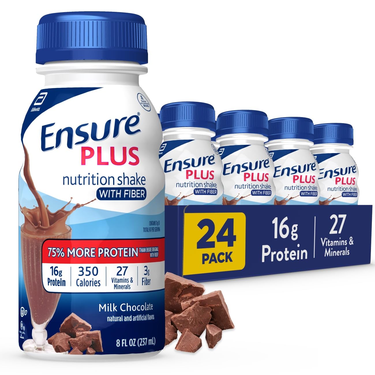 Ensure Plus milk chocolate nutrition shake bottle label close-up for on-the-go fueling.
