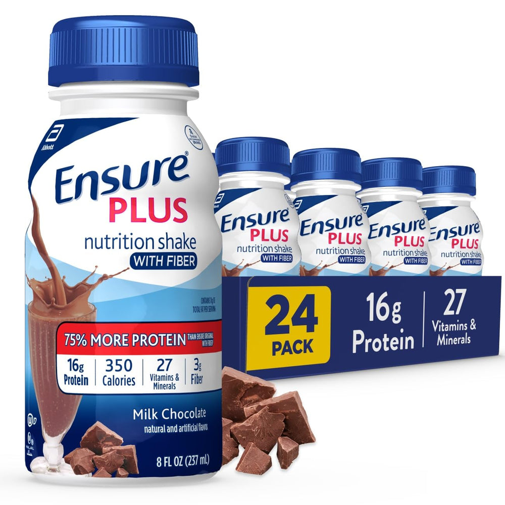 Ensure Plus milk chocolate nutrition shake bottle label close-up for on-the-go fueling.