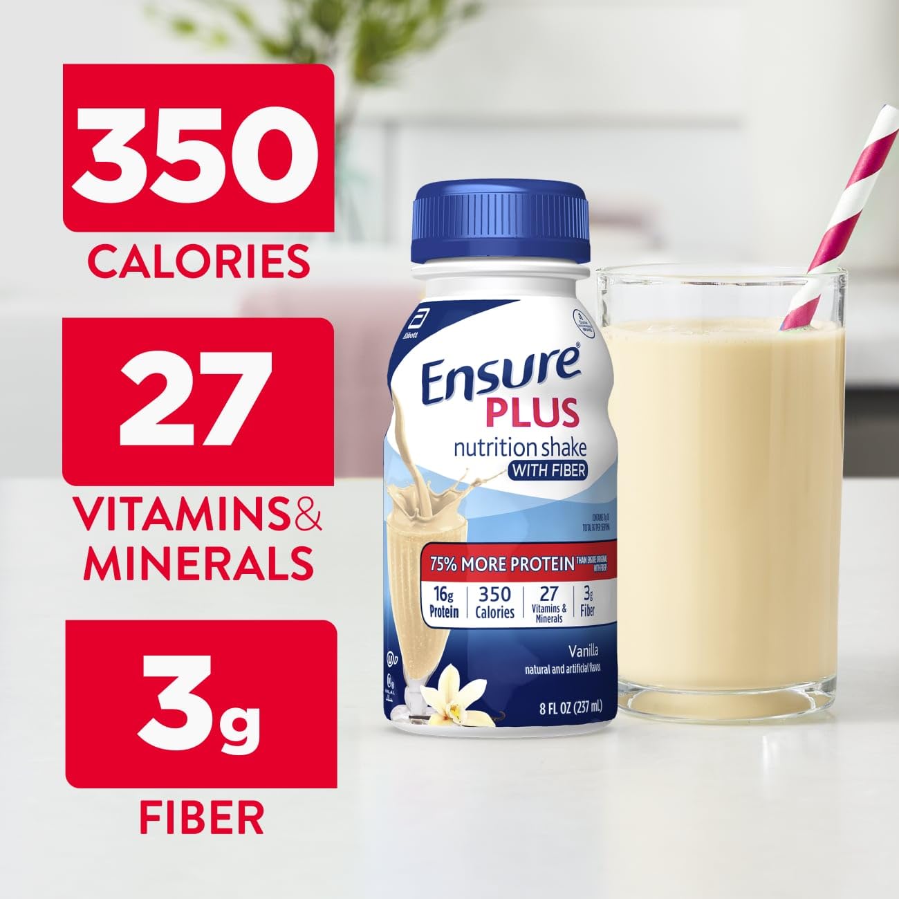 Label close-up of Ensure Plus Vanilla nutrition shake highlighting vitamins and minerals