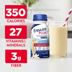 Label close-up of Ensure Plus Vanilla nutrition shake highlighting vitamins and minerals