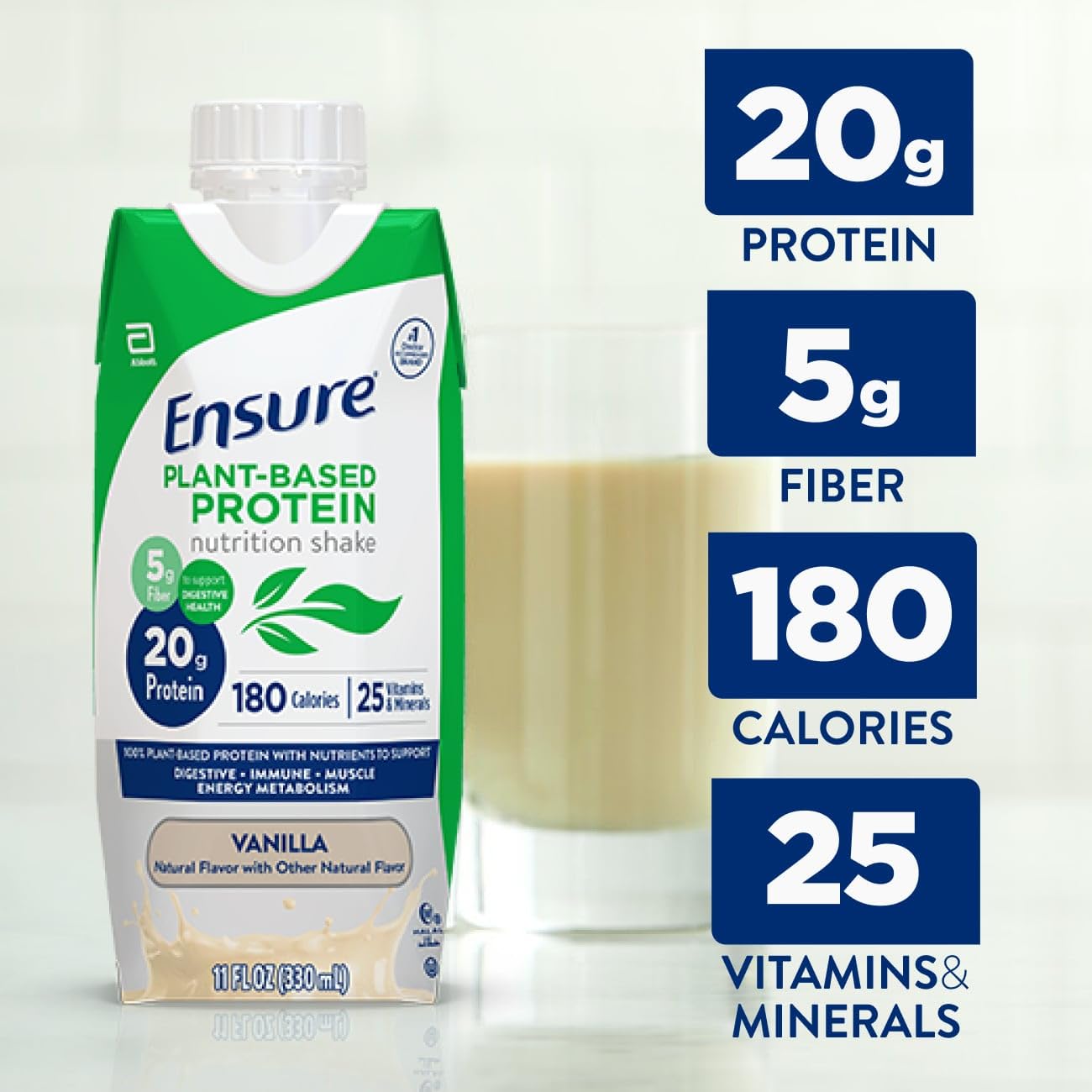 Nutrition facts panel for Ensure vanilla shake with allergen-free claim.