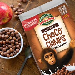 EnviroKidz Choco Chimps cereal pack highlighting organic, non-GMO ingredients.
