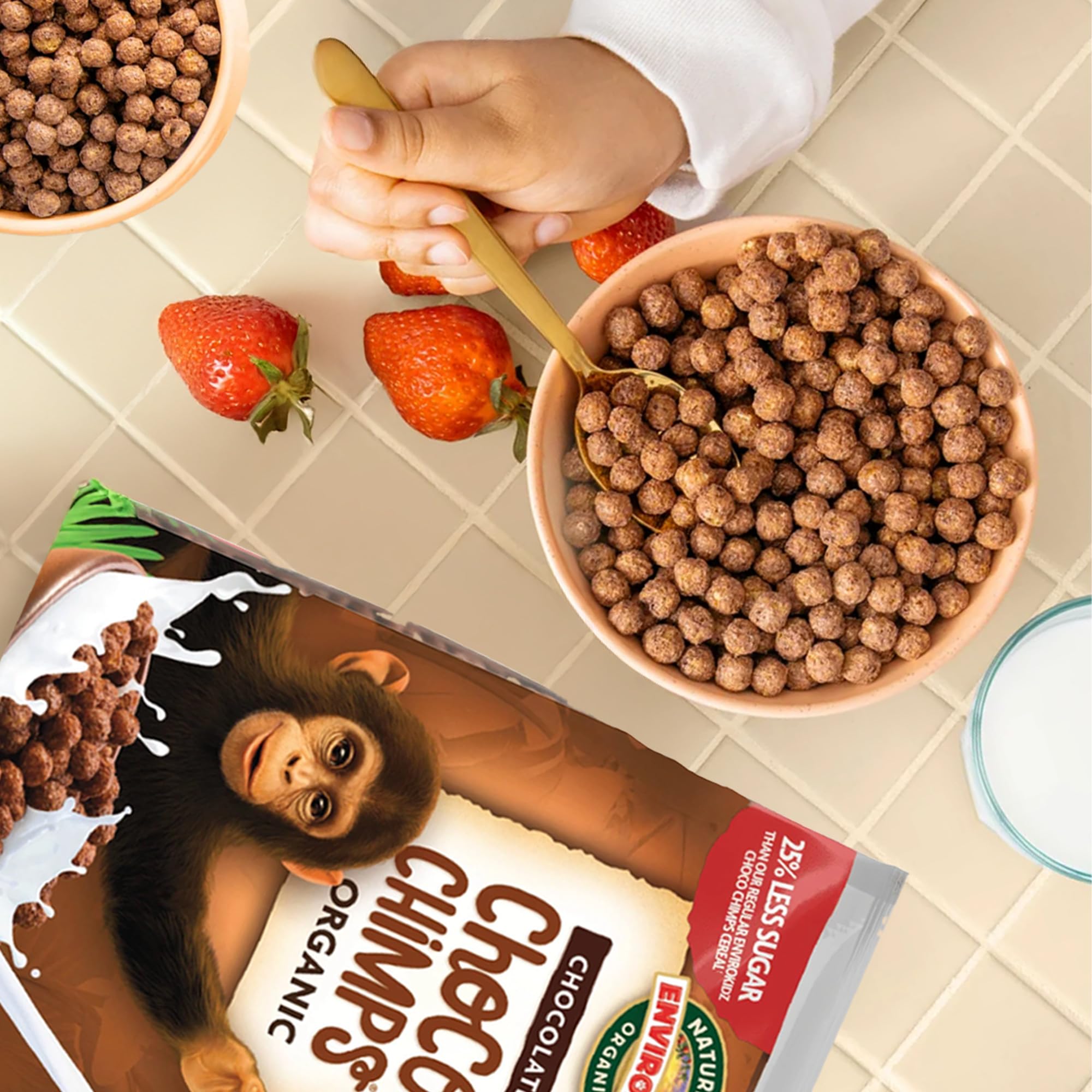 Kids illustrate EnviroKidz Choco Chimps breakfast scene.