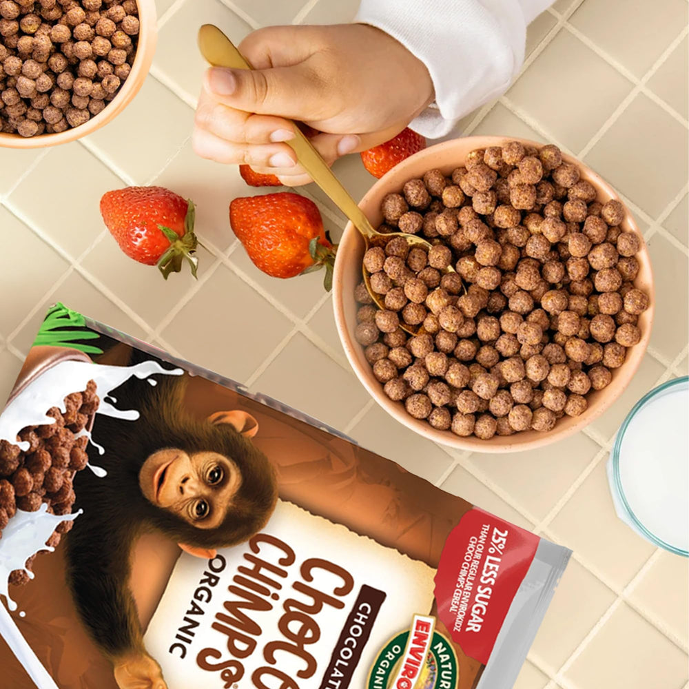 Kids illustrate EnviroKidz Choco Chimps breakfast scene.