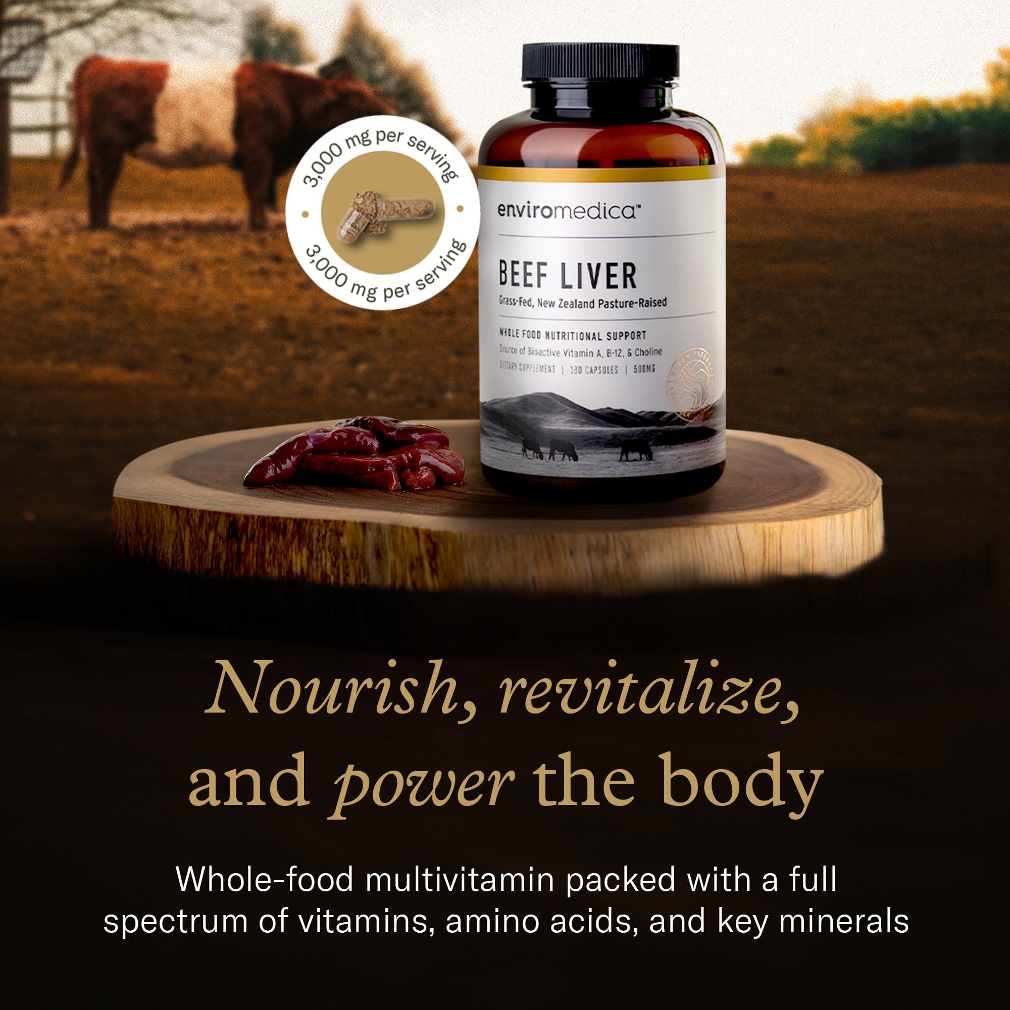 Enviromedica beef liver capsules label close-up showing vitamin A and B12