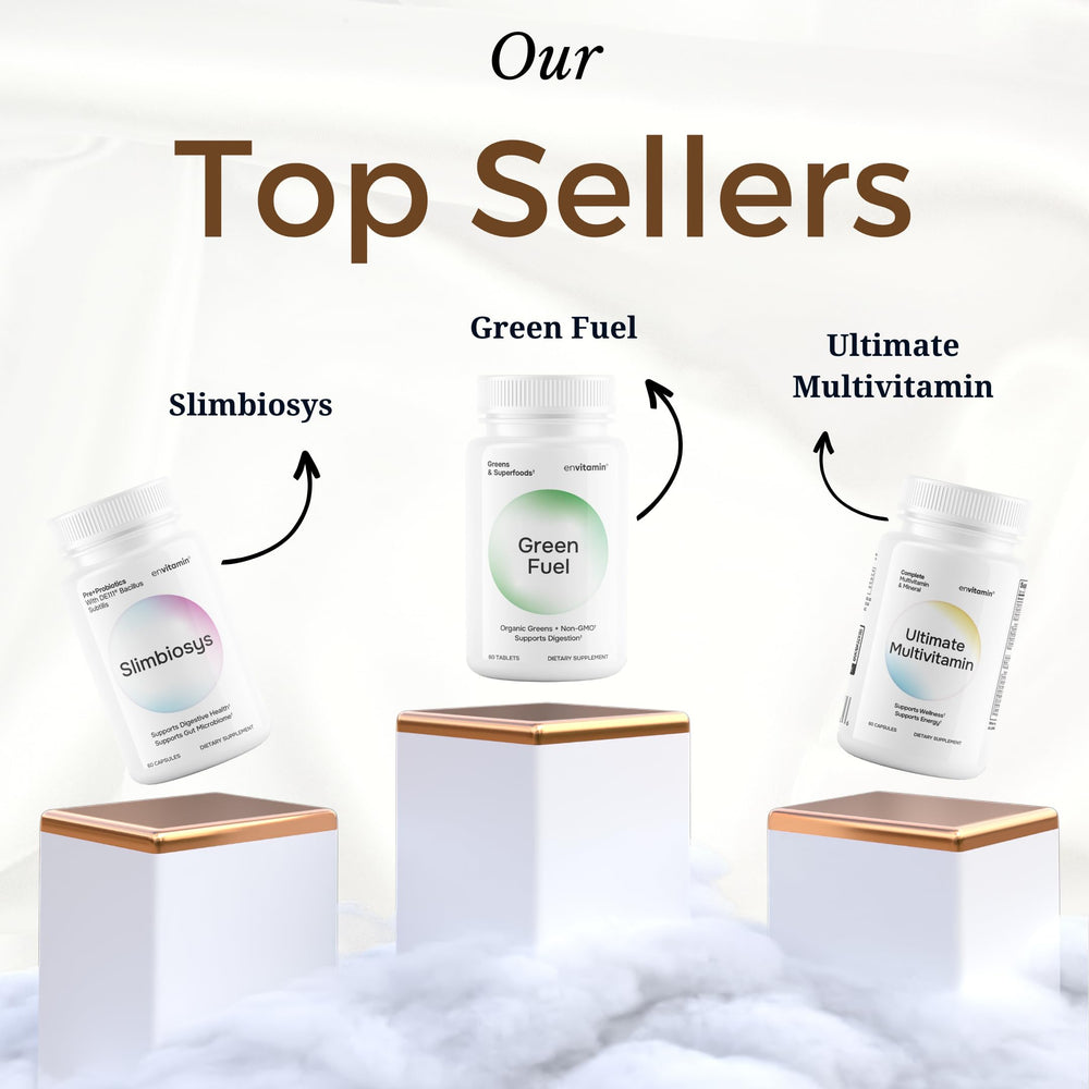 Envitamin Slimbiosys Ultra Probiotic bottle on shelf suggests a daily wellness routine