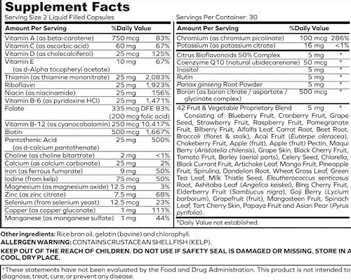Envitamin Ultimate multivitamin contents label shows 42-fruit blend and key vitamins.
