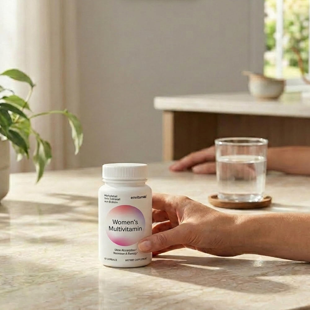 Envitamin Women's Methylated Multivitamin tablets closeup showing easy daily intake.