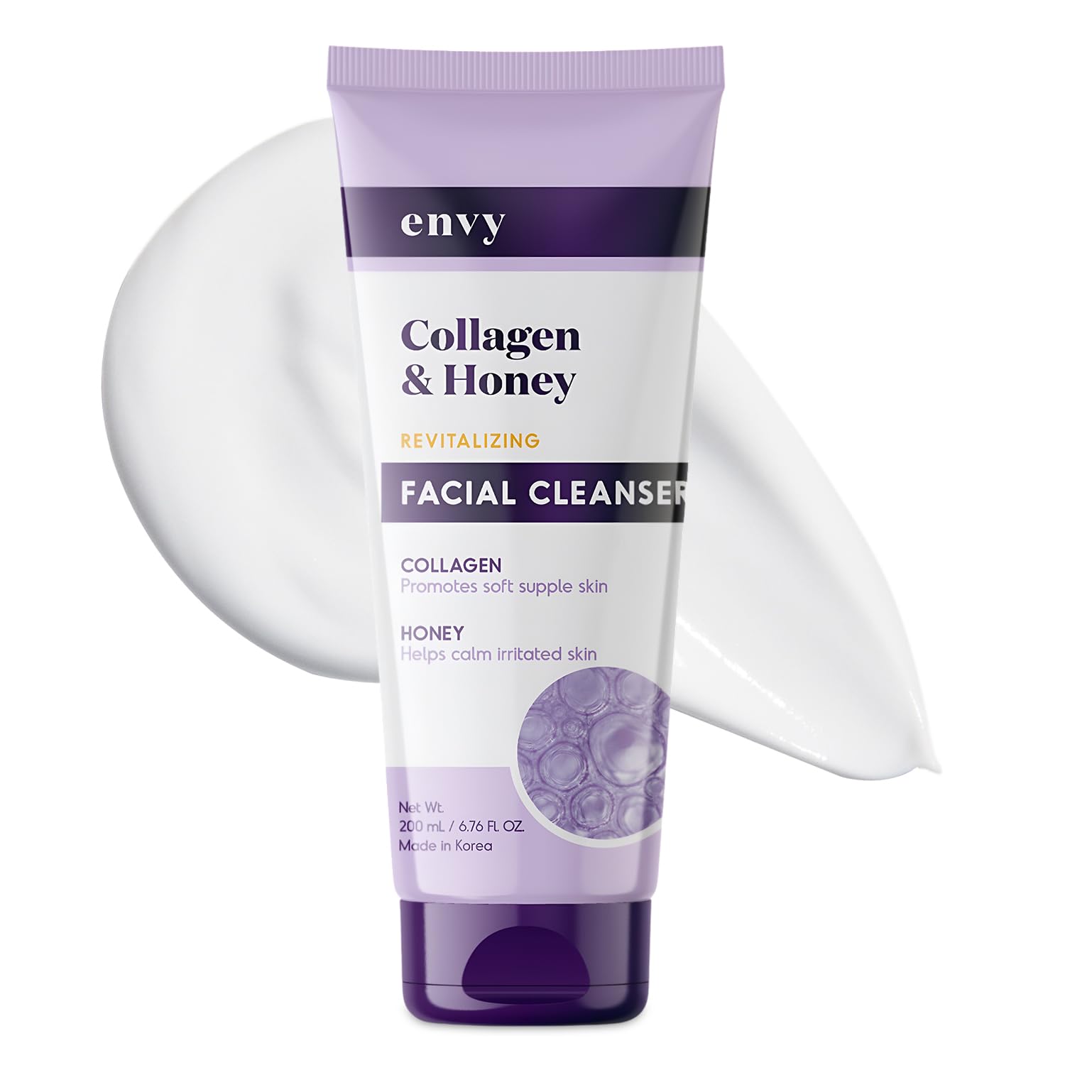 Envy facial cleanser bottle with collagen and honey for hydration