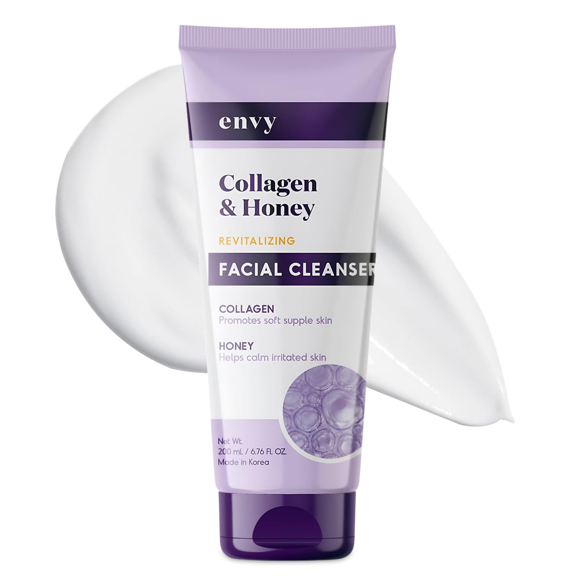 Envy facial cleanser bottle with collagen and honey for hydration